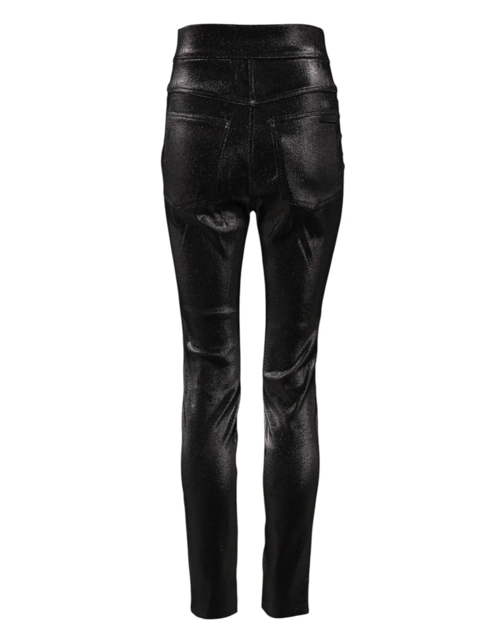 Dolce gabbana pantalon noir en coton extensible avec fil lurex argenté et finition effet cuir brillant élégant