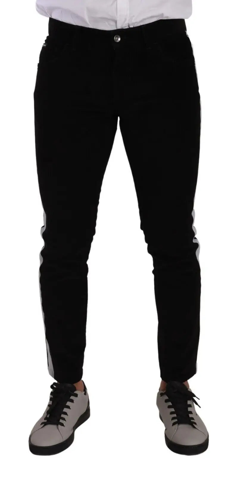 Dolce & gabbana jeans skinny en velours côtelé stretch coton noir avec bandes blanches contrastées sur les côtés