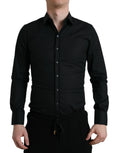 Chemise habillée noire dolce & gabbana pour homme en coton stretch avec col classique et boutons argentés manches longues