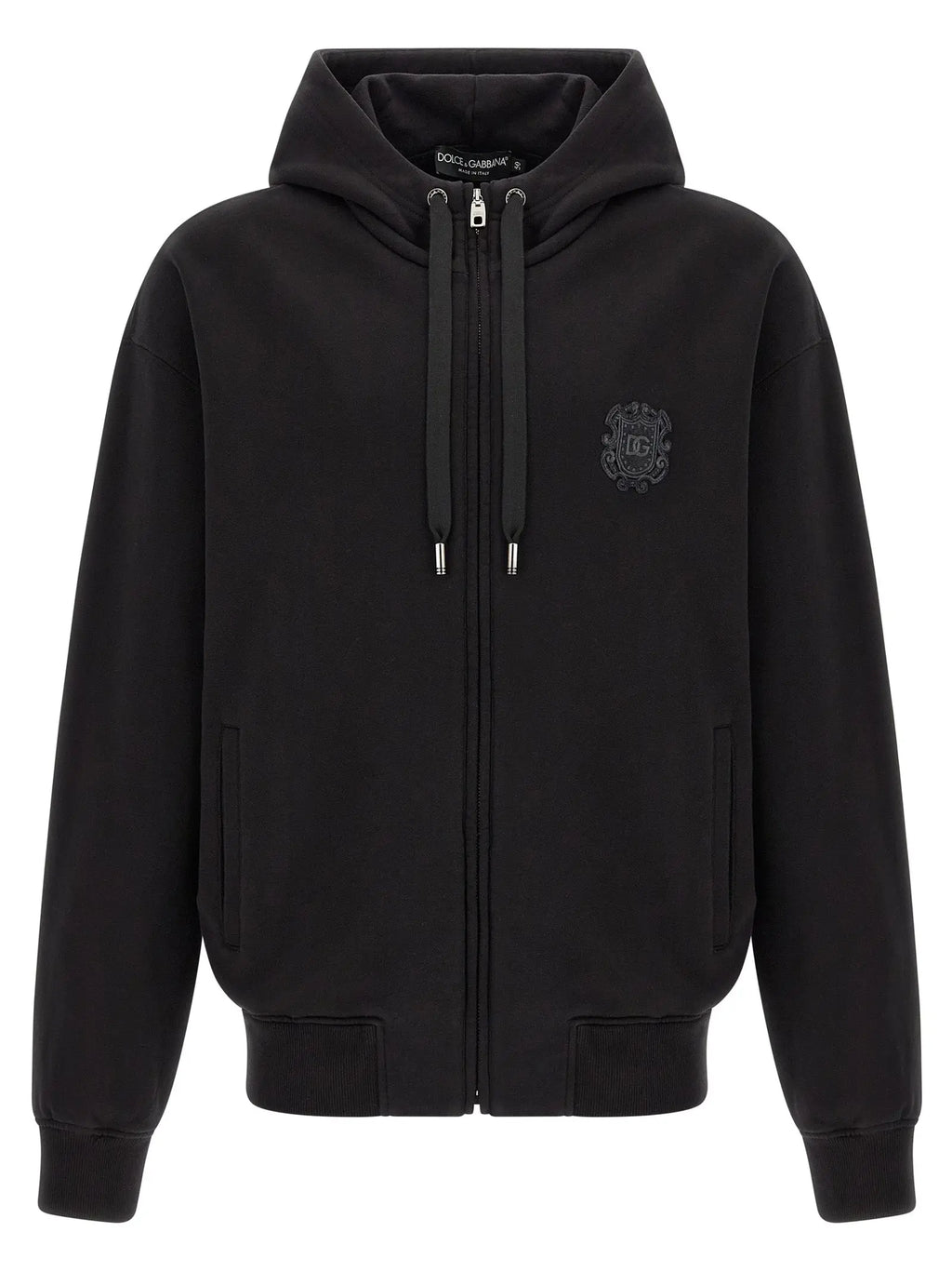 Sweatshirt dolce & gabbana noir en coton avec fermeture éclair et écusson brodé subtil sur la poitrine