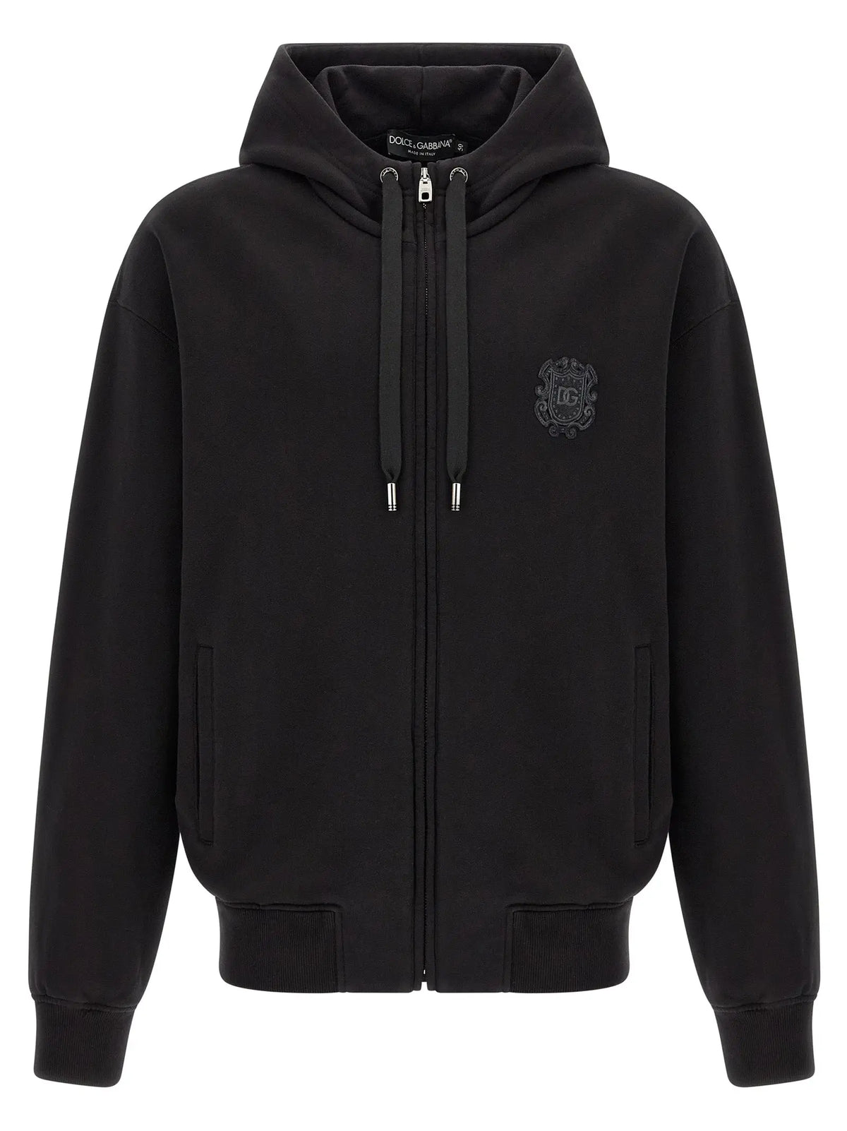 Sweatshirt dolce & gabbana noir en coton avec fermeture éclair et écusson brodé subtil sur la poitrine