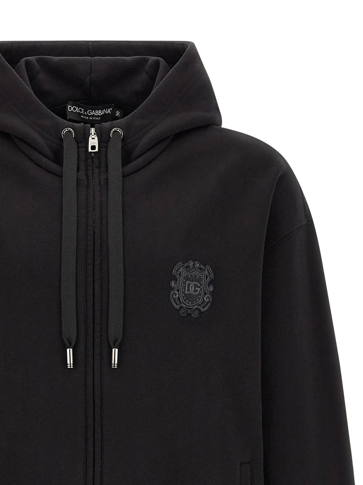 Dolce & gabbana sweat-shirt noir en coton avec capuche zippée et écusson brodé subtil sur la poitrine