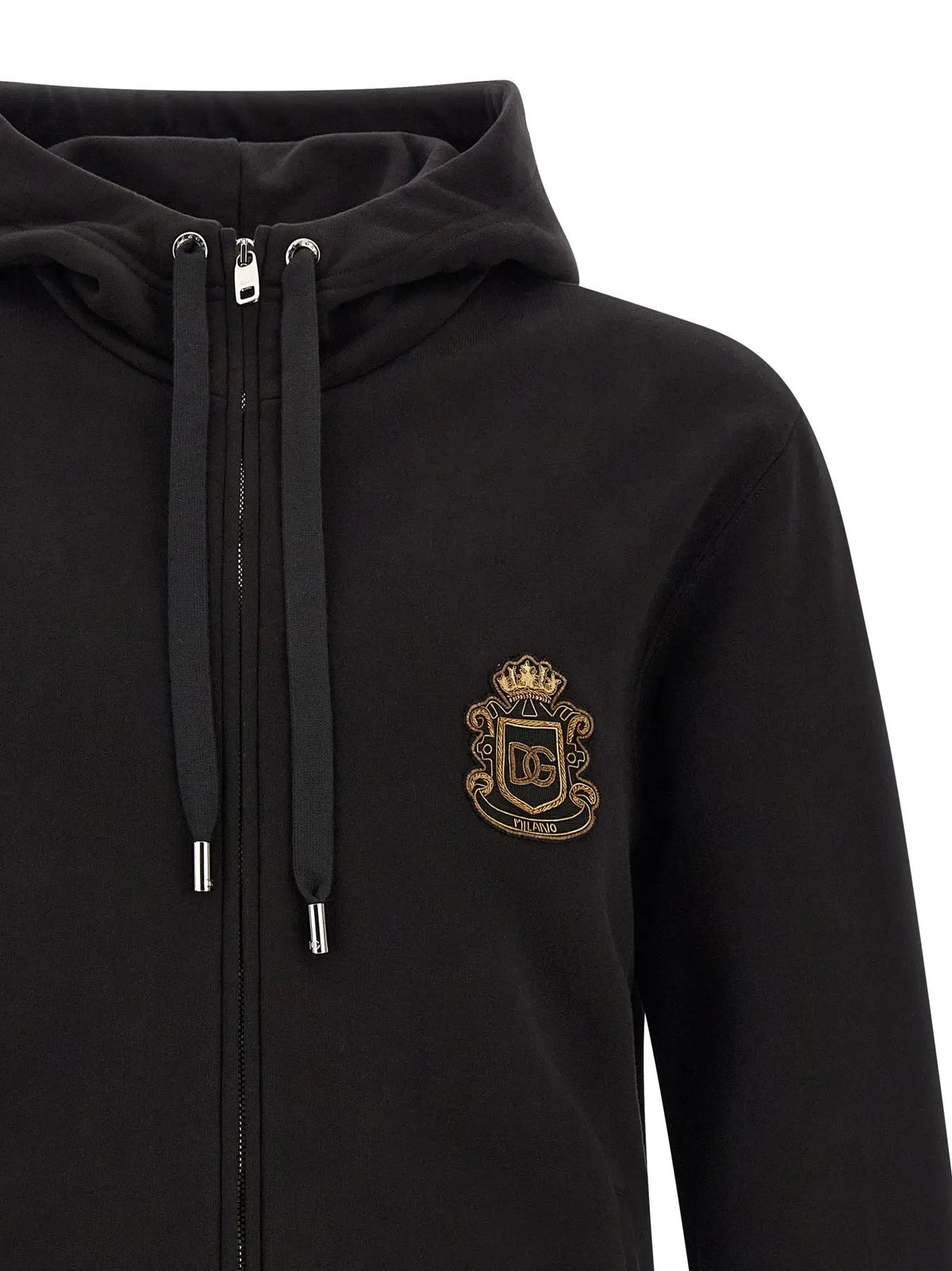 Dolce & gabbana sweat-shirt noir en coton avec capuche zippée, écusson brodé or et cordons assortis