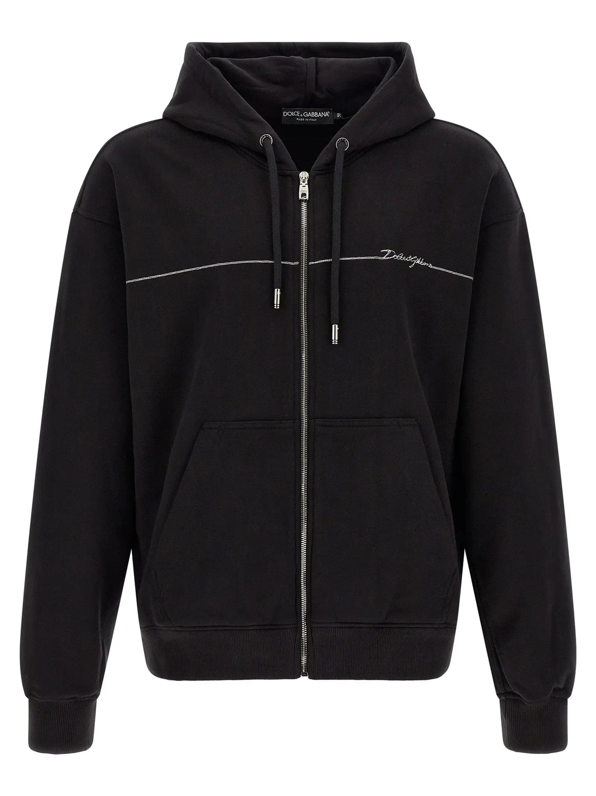 Dolce & gabbana sweat à capuche noir en coton avec fermeture éclair argentée et détails de cordon de serrage