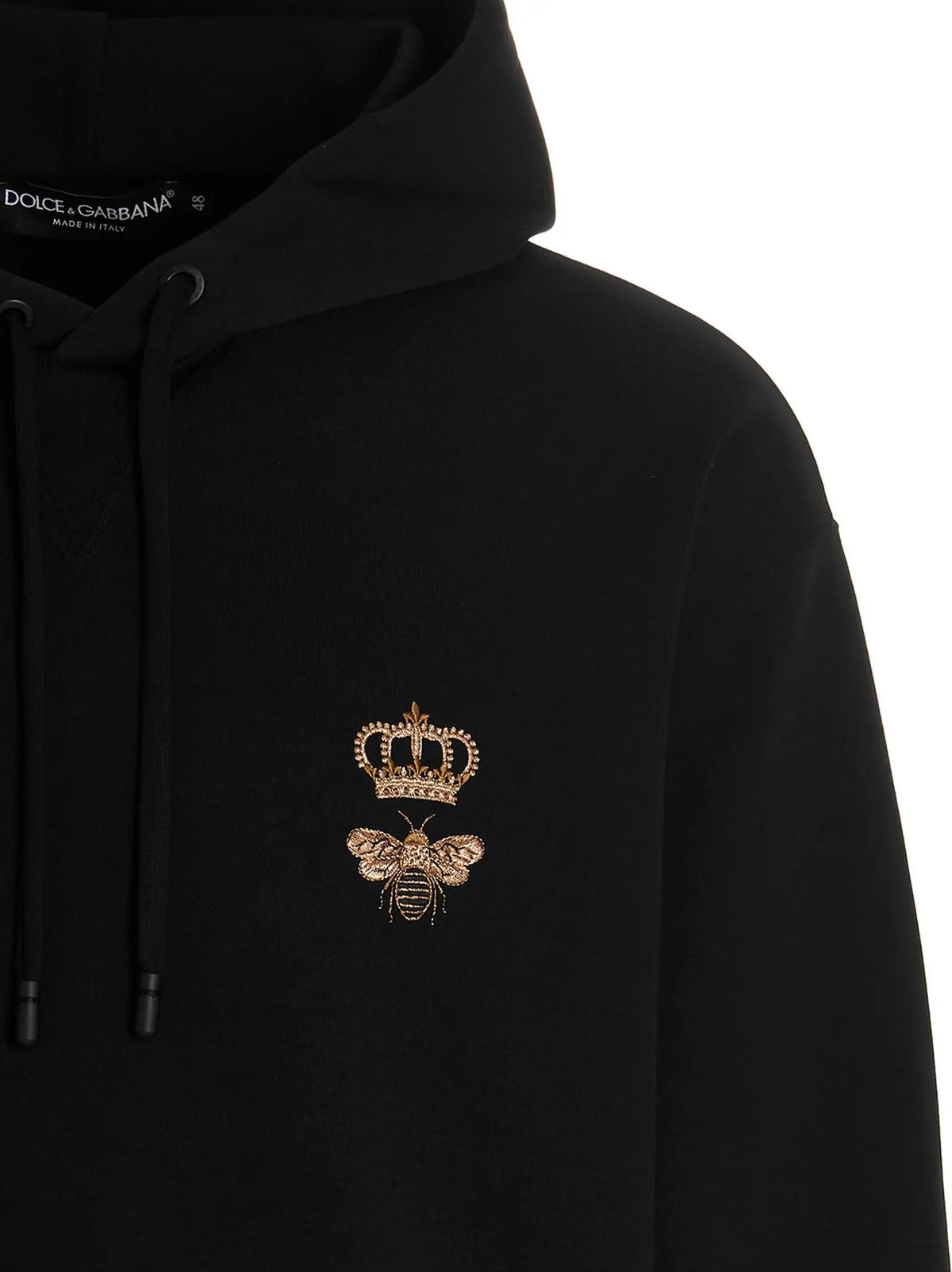 Dolce & Gabbana sweat noir en coton avec broderie dorée couronne et abeille sur la poitrine