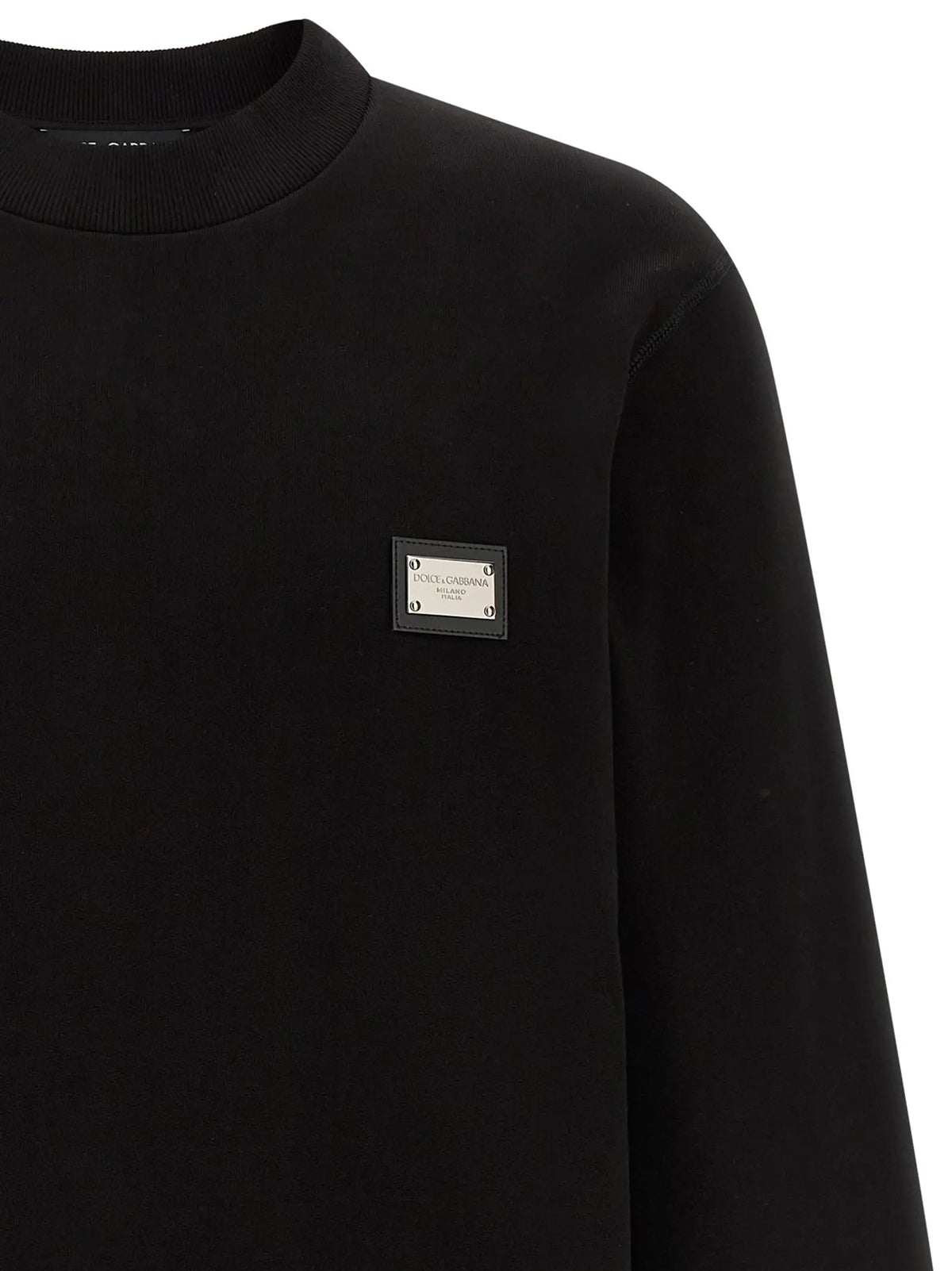Dolce & Gabbana sweat-shirt noir en coton avec logo métallique rectangulaire sur la poitrine