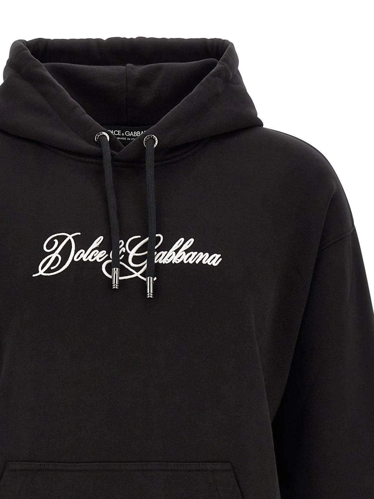 Dolce & gabbana sweat-shirt noir en coton avec logo blanc brodé en cursive et cordons assortis