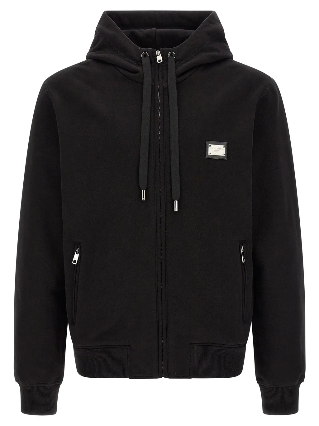 Sweatshirt dolce & gabbana noir en coton avec fermeture éclair et patch logo métallique sur la poitrine