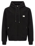 Sweatshirt dolce & gabbana noir en coton avec fermeture éclair et patch logo métallique sur la poitrine