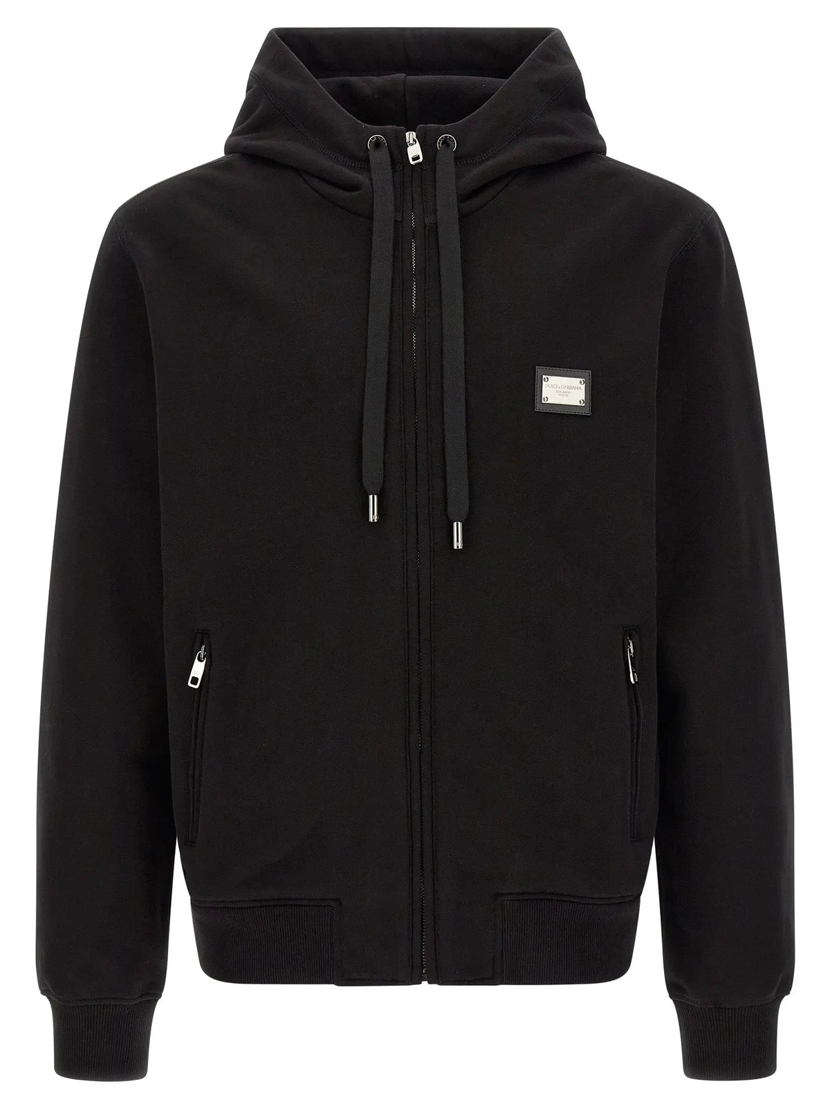 Sweatshirt dolce & gabbana noir en coton avec fermeture éclair et patch logo métallique sur la poitrine