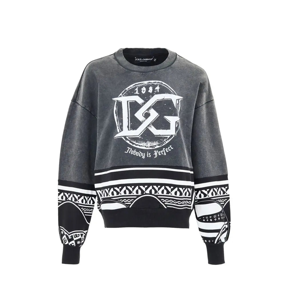 Sweatshirt dolce & gabbana en coton noir avec logo dg blanc et message nobody is perfect gris détails manches noirs et blancs