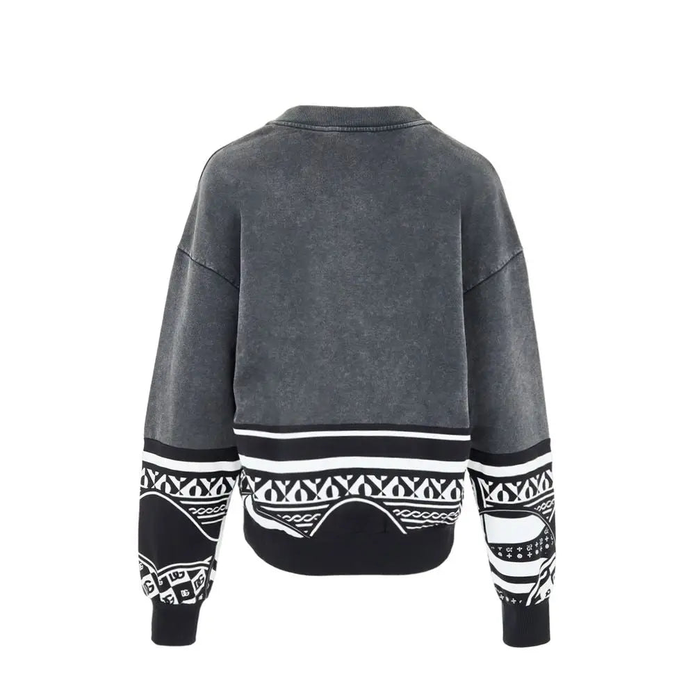 Dolce & gabbana sweatshirt en coton noir gris foncé oversize avec motifs géométriques noirs et blancs aux poignets et ourlet