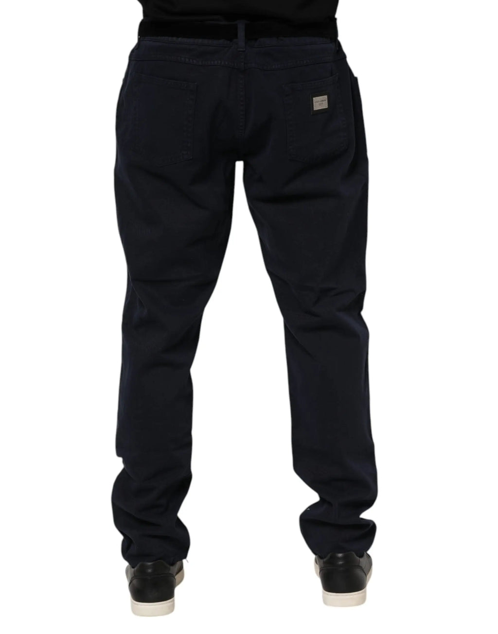 Jeans en denim noir bleu marine dolce gabbana en coton avec finition texturée vue de dos et patch marque arrière