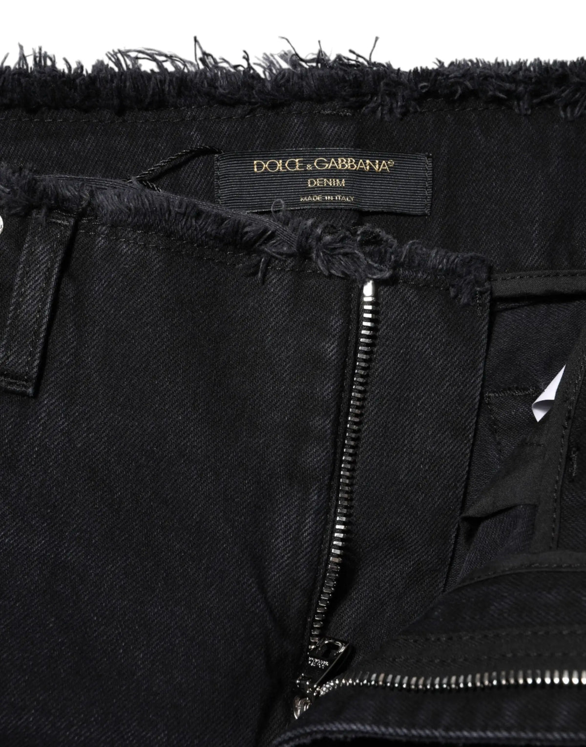 Jean en denim noir déchiré dolce gabbana en coton avec ourlet effiloché et fermeture éclair argentée taille mi-haute