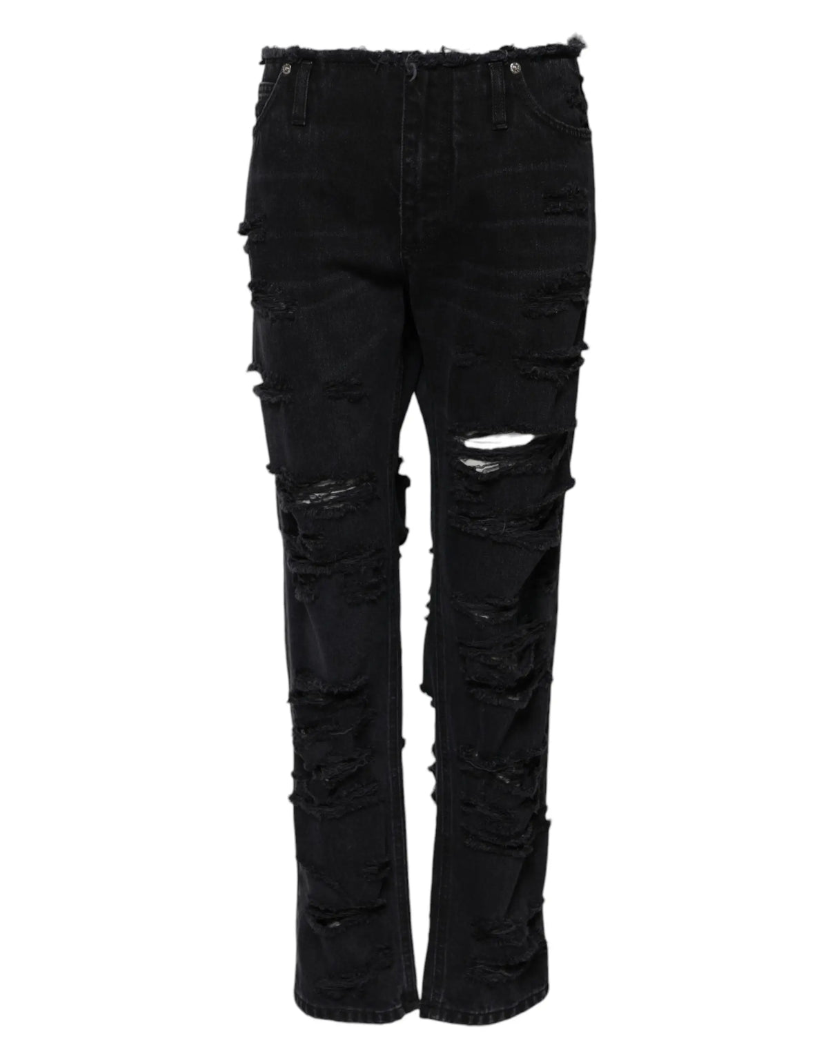 Jean en denim noir déchiré et effiloché dolce & gabbana en coton taille mi-haute avec plusieurs patchs usés