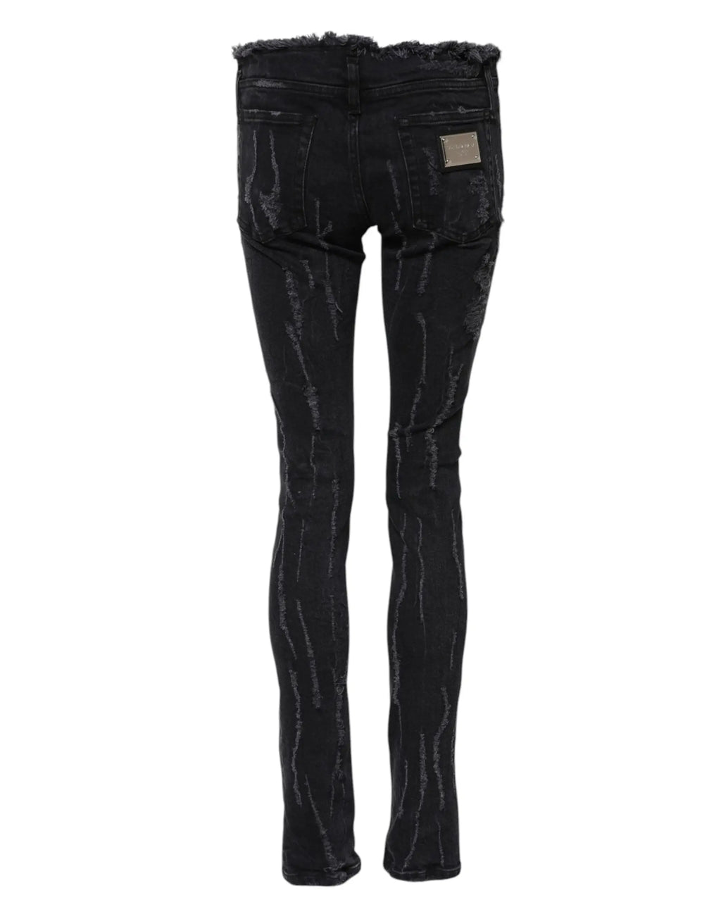 Dolce & gabbana jeans skinny en coton noir avec taille effilochée et motifs verticales délavés subtils