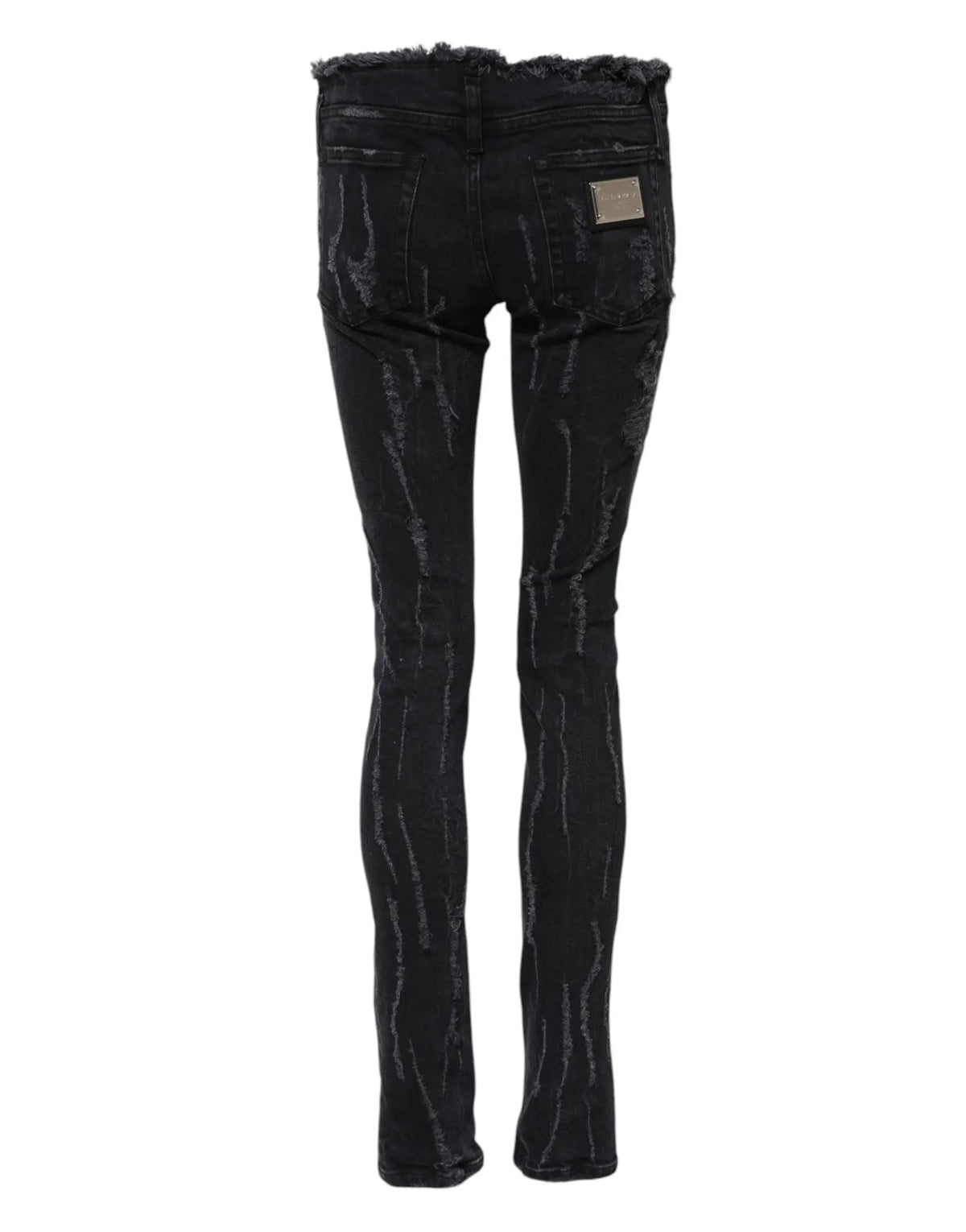 Dolce & gabbana jeans skinny en coton noir avec taille effilochée et motifs verticales délavés subtils