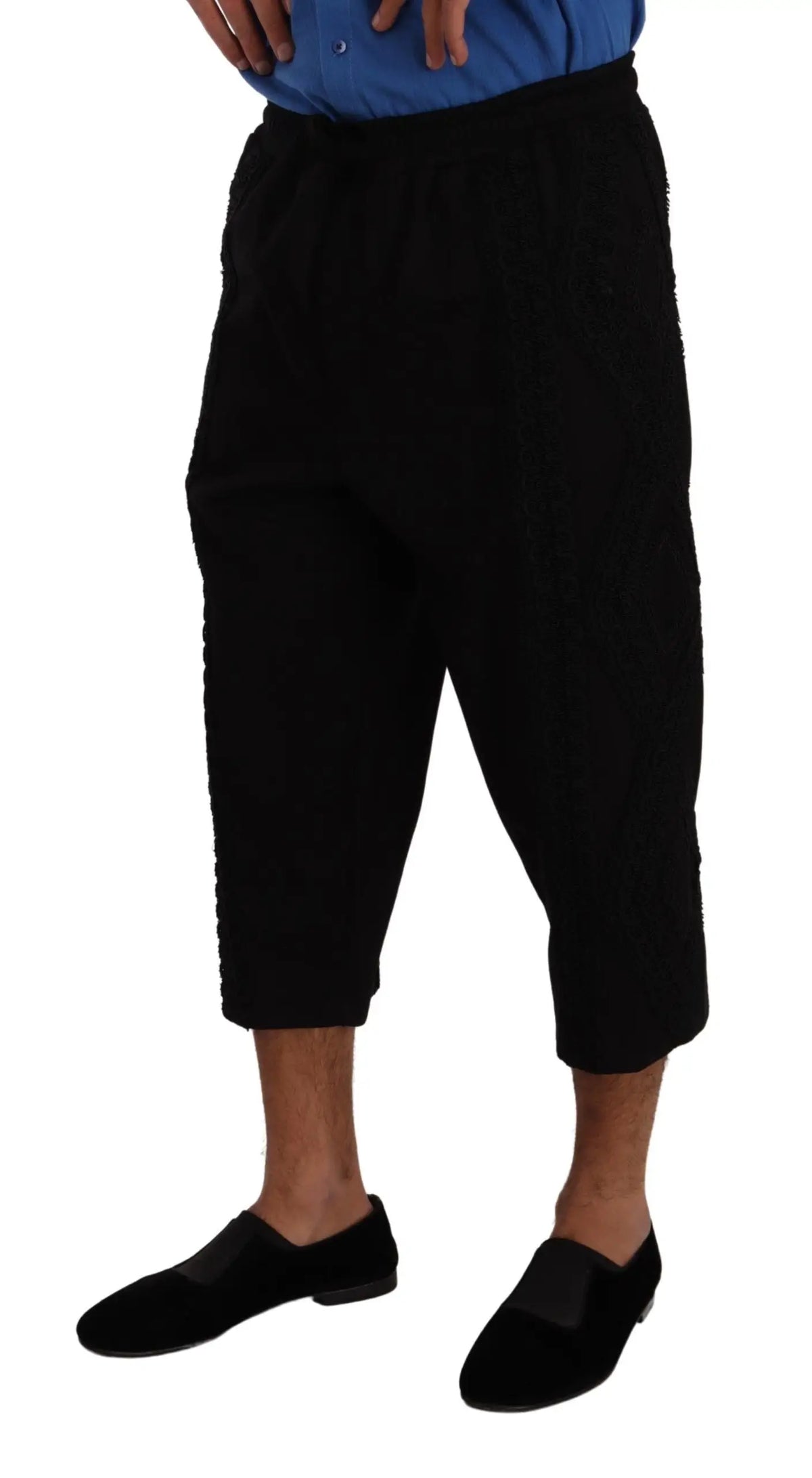 Pantalon court noir dolce & gabbana en coton avec taille à cordon et tissu texturé ample