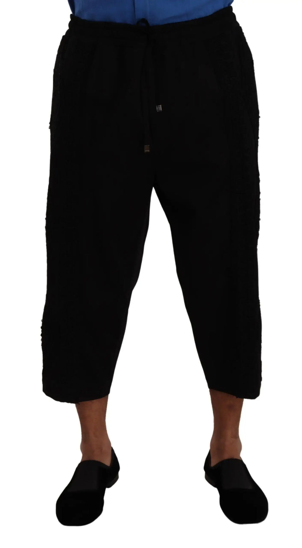 Dolce & gabbana pantalon court torero en coton noir avec taille à cordon et détails texturés subtils sur les côtés