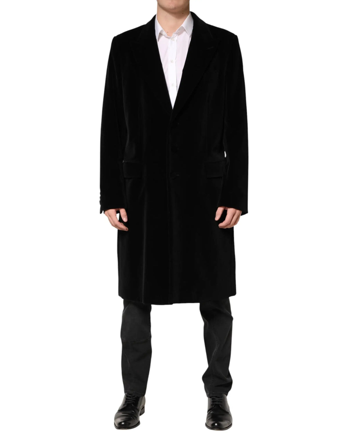 Dolce & gabbana manteau long en velours de coton noir avec design croisé classique et revers crantés