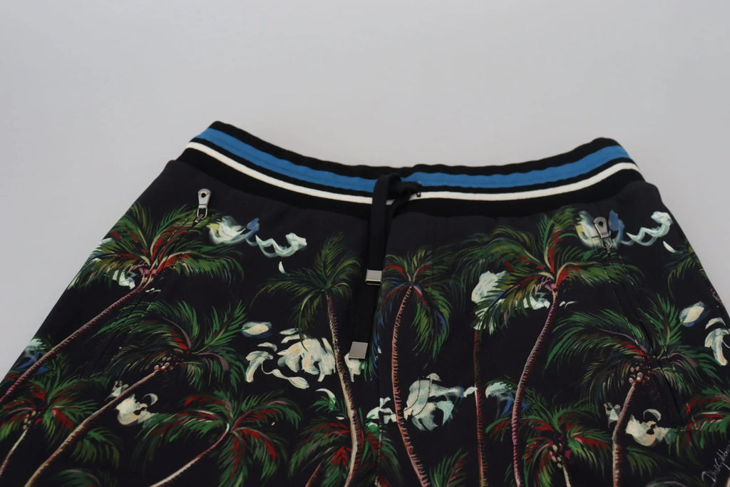 Dolce & Gabbana short noir en coton avec imprimé volcan tropical et taille rayée bleue et blanche
