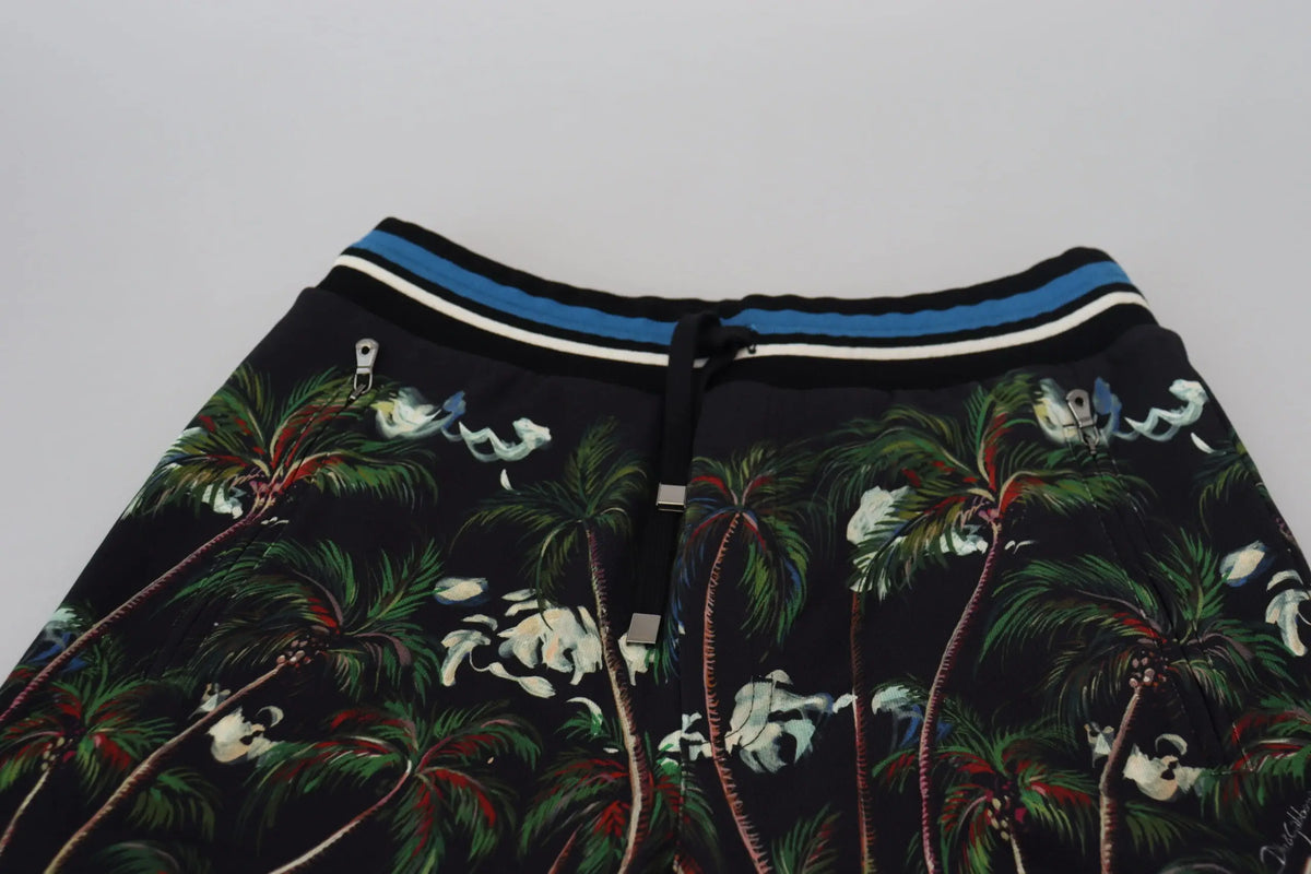 Dolce & Gabbana short noir en coton avec imprimé volcan tropical et taille rayée bleue et blanche