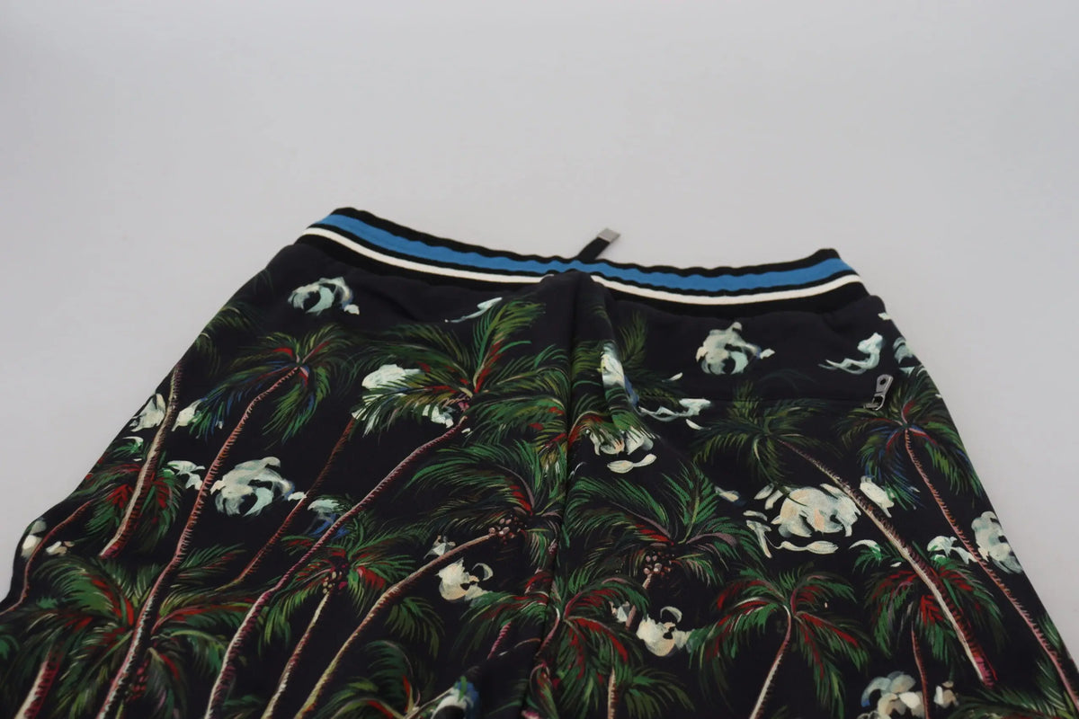 Shorts décontractés dolce & gabbana en coton noir avec imprimé tropical volcan palmier et panda ceinture rayée bleu blanc