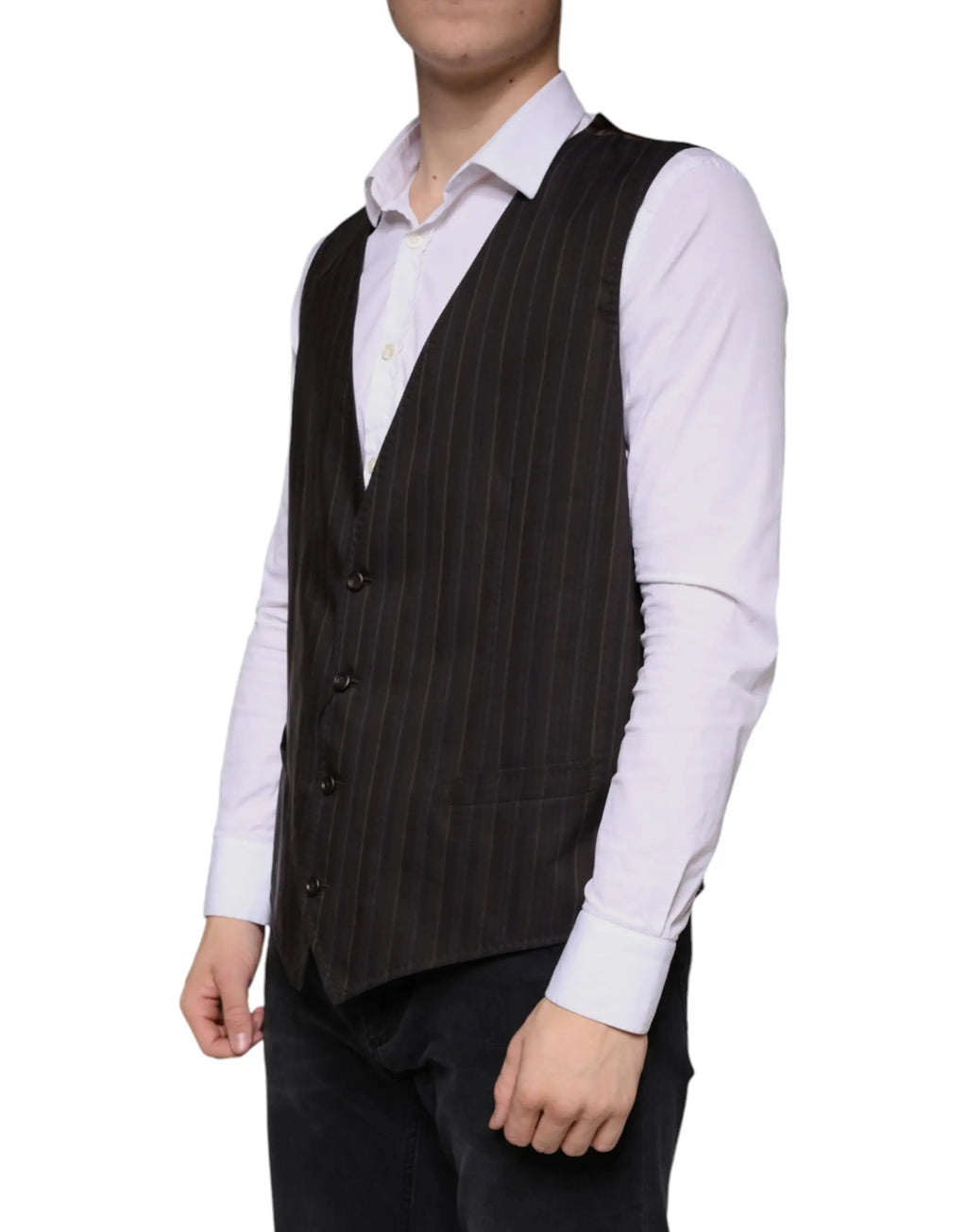 Dolce and gabbana black cotton waistcoat dress featuring a dark brown pinstripe wool vest with black buttons