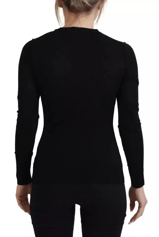 Dolce & gabbana pull noir à manches longues col rond en tissu extensible et lisse pour un ajustement près du corps