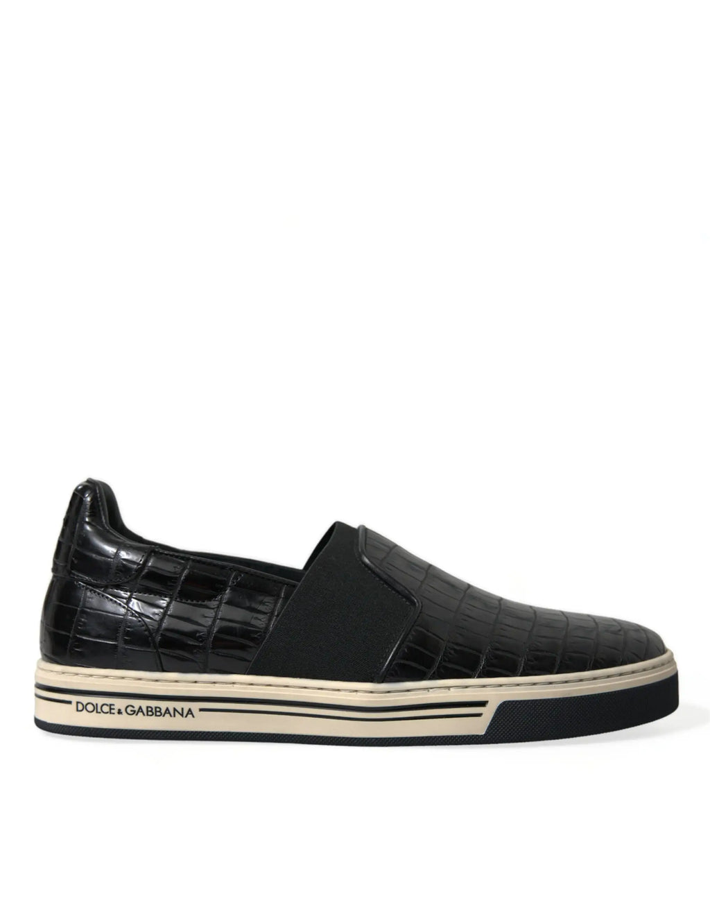Dolce & Gabbana baskets slip-on en cuir noir effet croco avec semelle en caoutchouc crème et rayures noires
