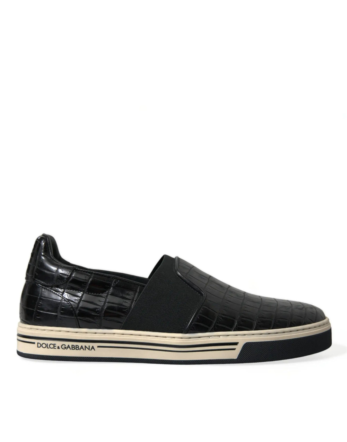 Dolce & Gabbana baskets slip-on en cuir noir effet croco avec semelle en caoutchouc crème et rayures noires