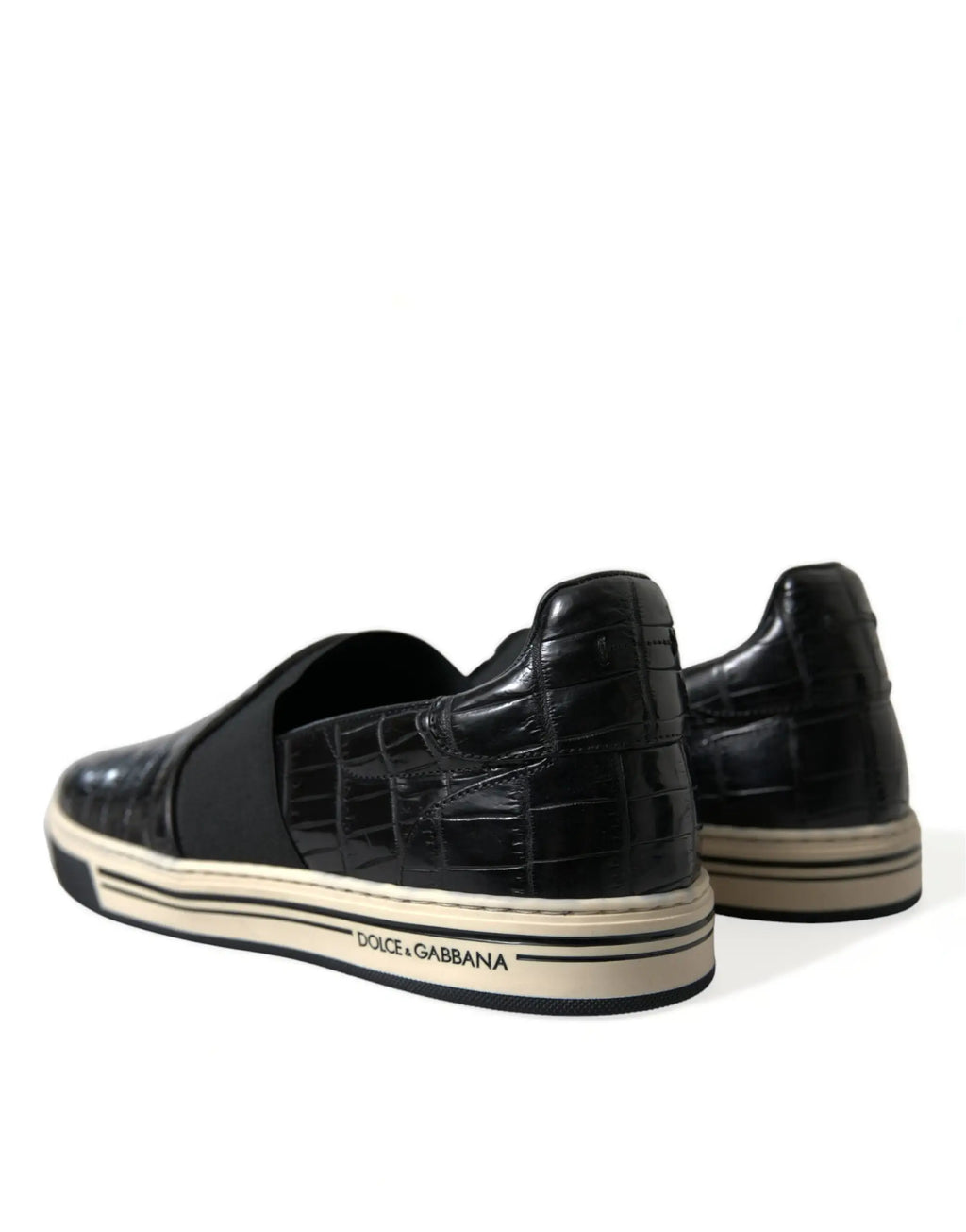 Baskets dolce gabbana en cuir noir embossé crocodile avec semelle en caoutchouc crème et branding dolce gabbana