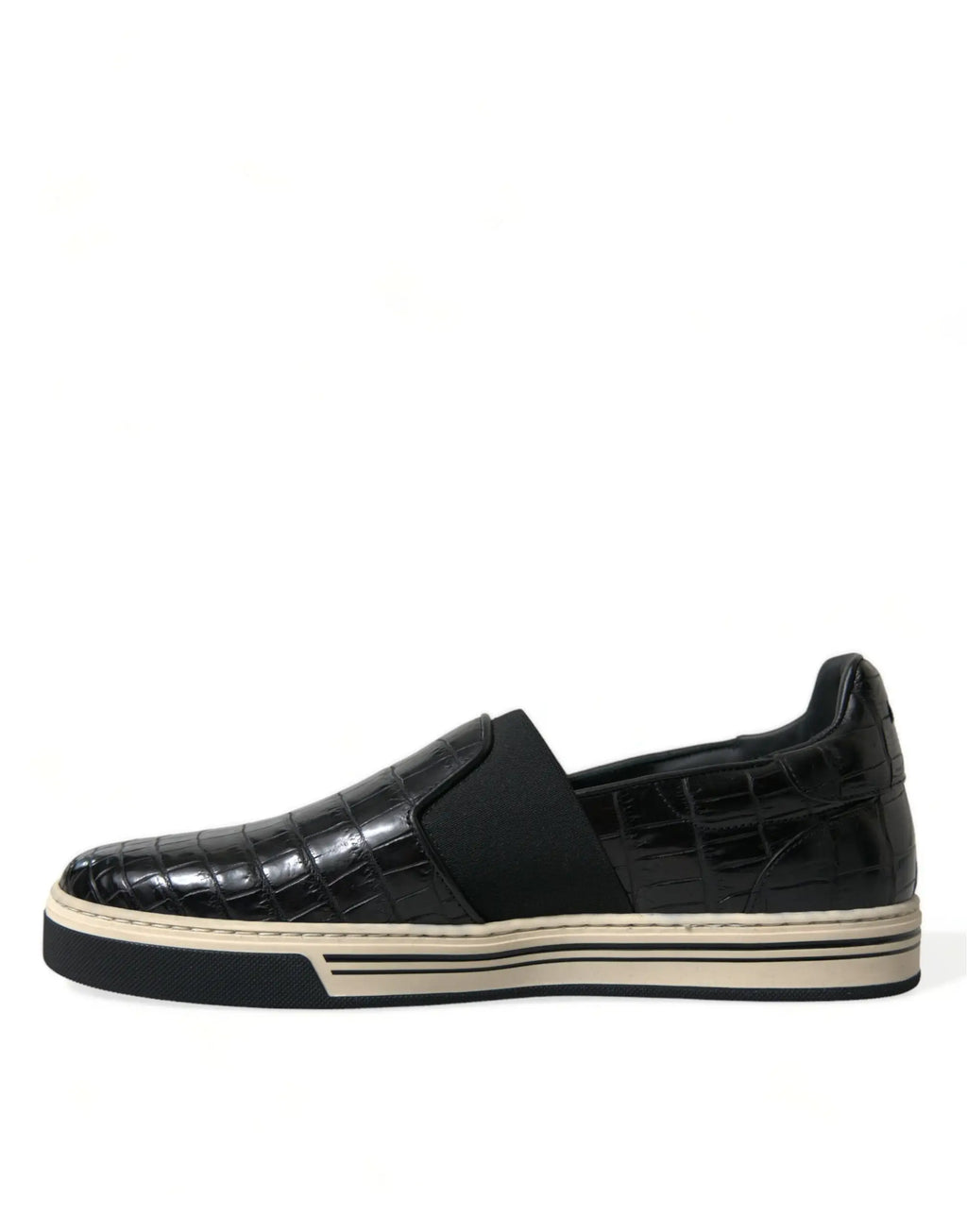 Dolce & gabbana baskets slip-on en cuir noir embossé croco avec semelle en caoutchouc crème et bande élastique noire