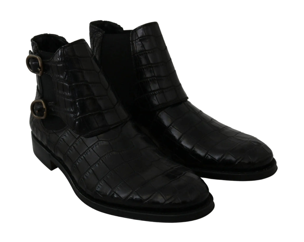 Dolce & gabbana bottines derby noires en cuir embossé crocodile avec doubles boucles détaillées