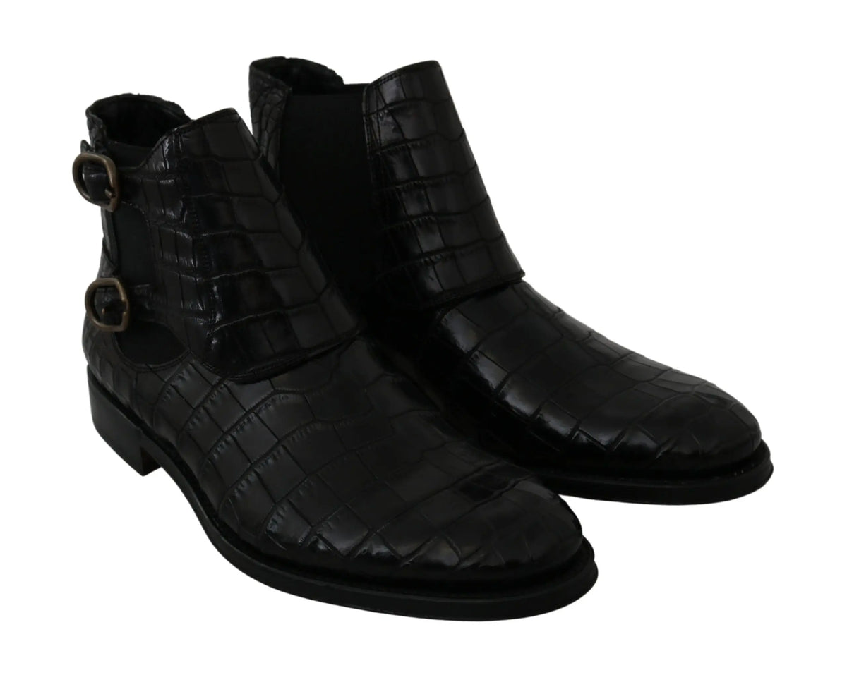 Dolce & gabbana bottines derby noires en cuir embossé crocodile avec doubles boucles détaillées