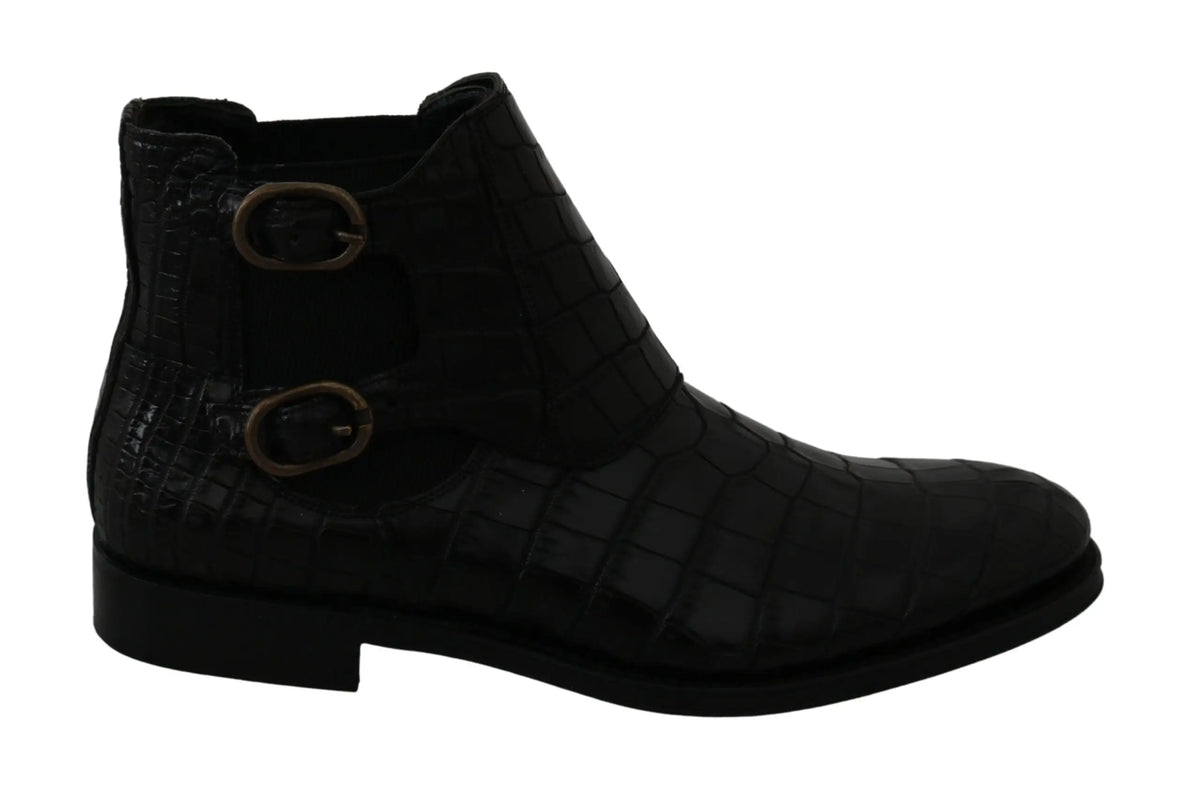 Dolce & gabbana bottines derby en cuir croco noir avec deux sangles à boucles en laiton