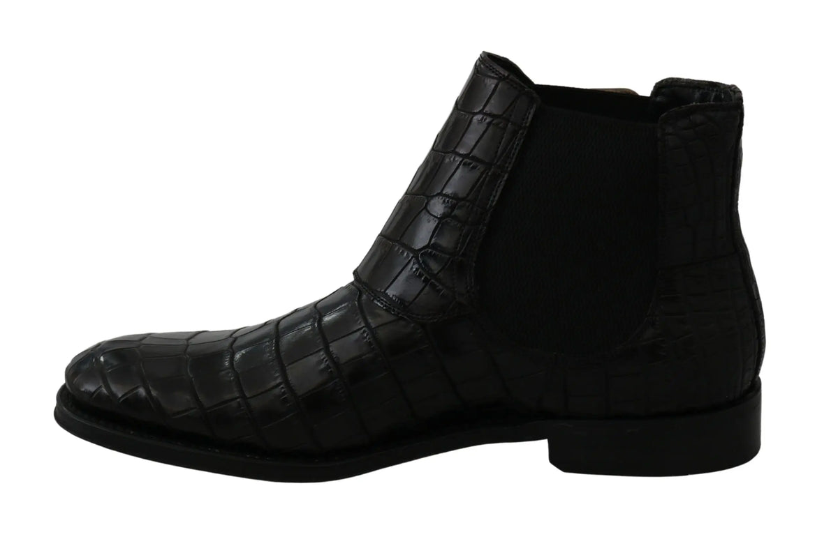 Dolce & gabbana bottines derby en cuir noir embossé crocodile avec panneaux élastiques sur les côtés