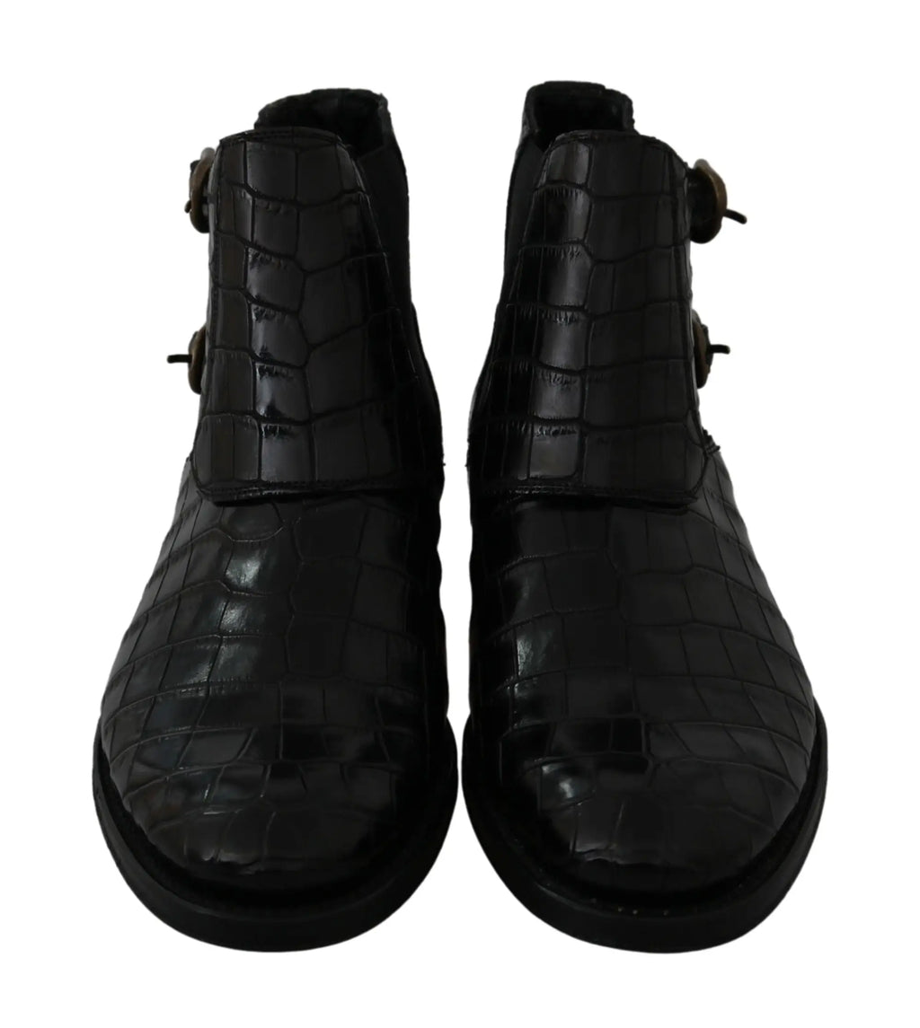 Dolce & gabbana bottines derby noires en cuir crocodile avec boucle métallique detail