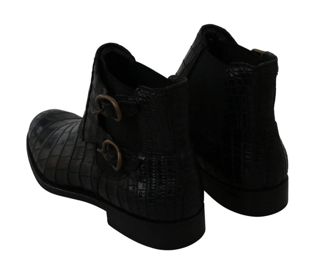 Dolce & gabbana bottines derby noires en cuir embossé crocodile avec doubles boucles métalliques