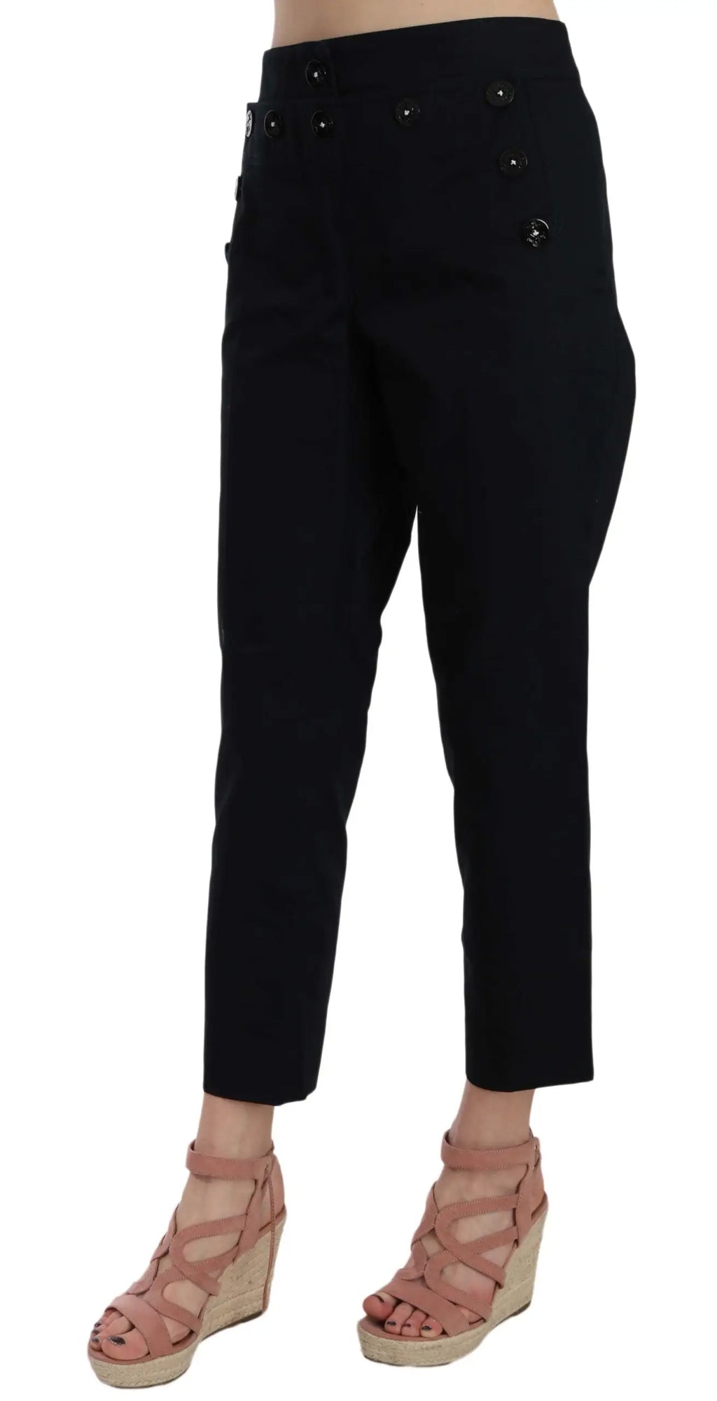 Pantalon noir dolce & gabbana taille haute avec boutons décoratifs sur les coutures latérales