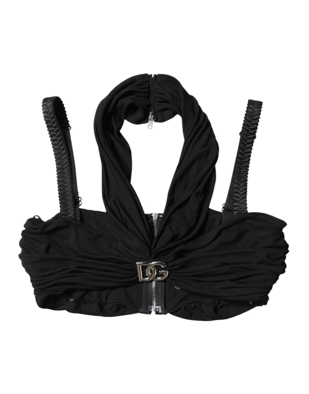 Dolce & gabbana top bustier halter noir en viscose avec fronces bretelles tressées et boucle logo dg argentée