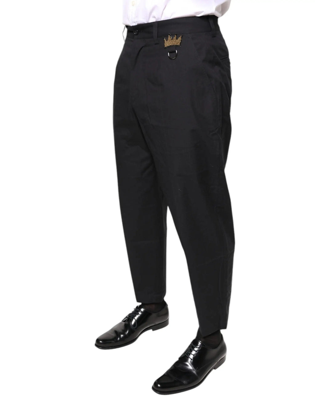 Pantalon habillé en coton noir dolce & gabbana avec emblème couronne dorée à la taille