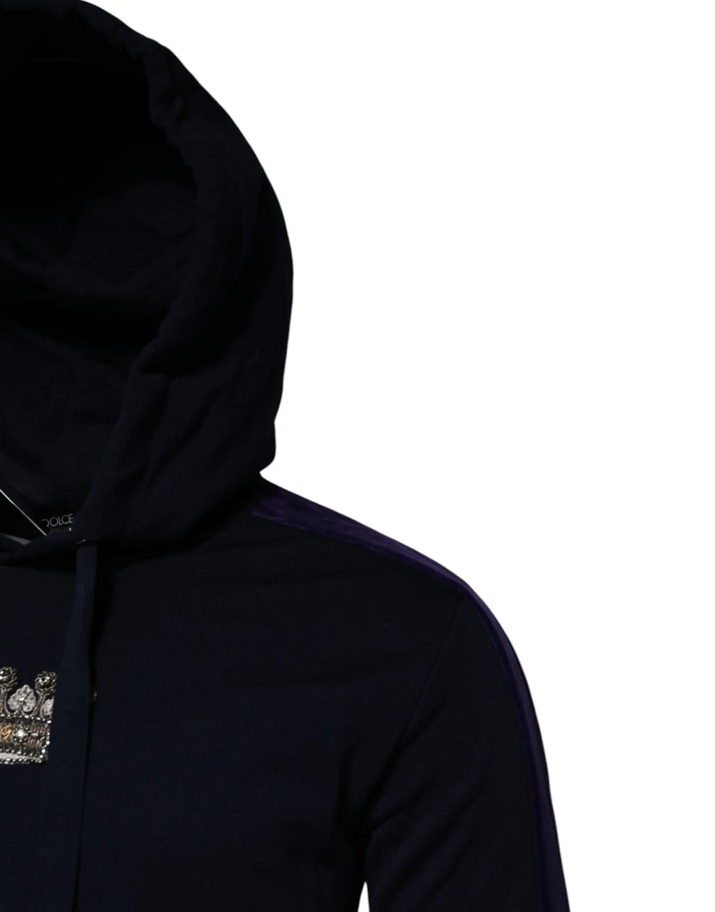 Sweat à capuche noir dolce & gabbana en coton avec capuche bordée de velours et patch couronne orné scintillant sur la poitrine