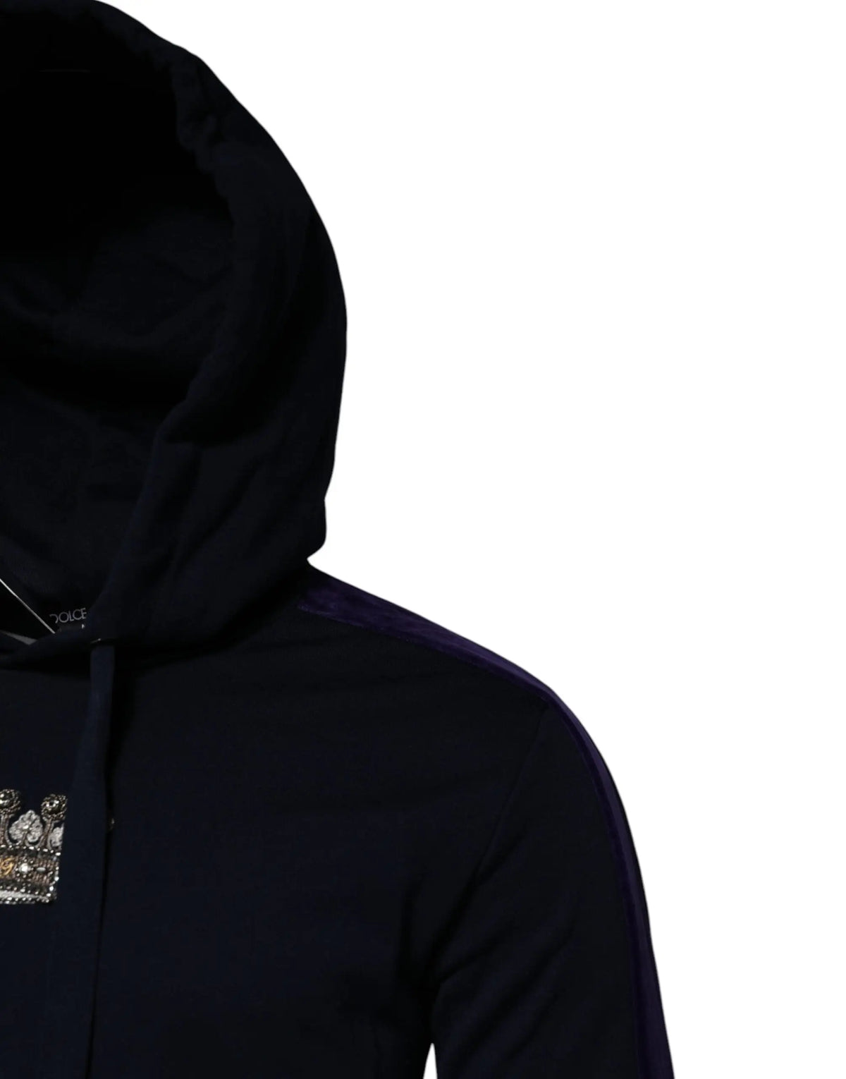 Sweat à capuche noir dolce & gabbana en coton avec capuche bordée de velours et patch couronne orné scintillant sur la poitrine
