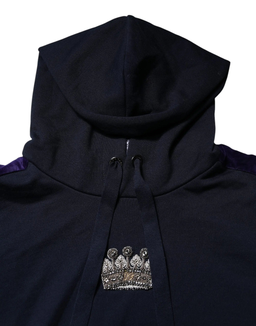 Sweat à capuche dolce & gabbana noir en coton avec bordure violette et écusson couronne argentée orné sur la poitrine