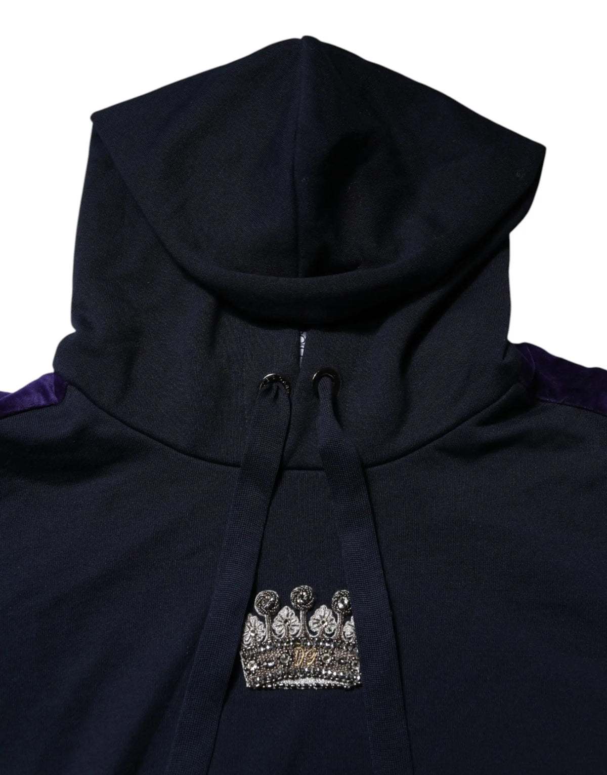 Sweat à capuche dolce & gabbana noir en coton avec bordure violette et écusson couronne argentée orné sur la poitrine