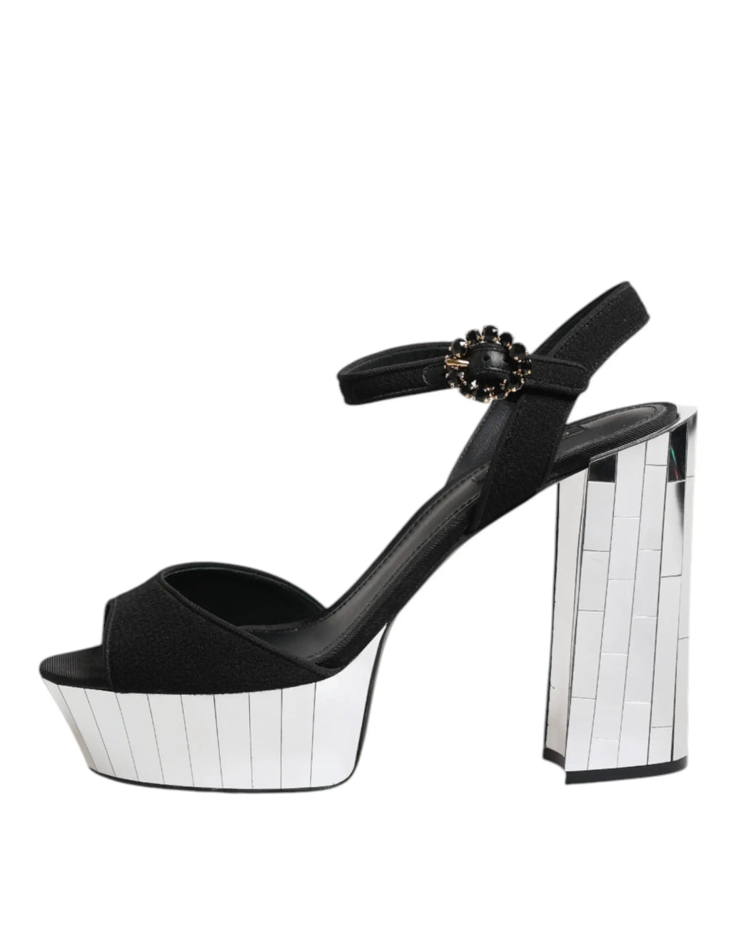 Dolce & gabbana keira sandal chaussures noir en daim à plateforme avec talon bloc rectangulaire miroir et boucle strassée au cheville