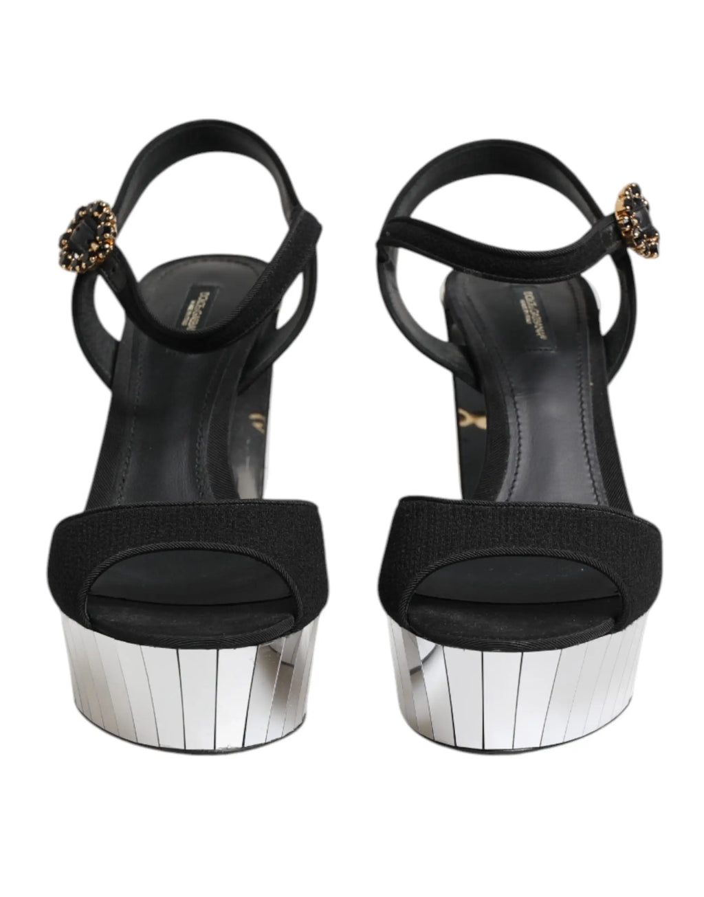 Dolce & gabbana sandales keira en daim noir avec talon argenté côtelé vertical et boucle ornée de cristaux