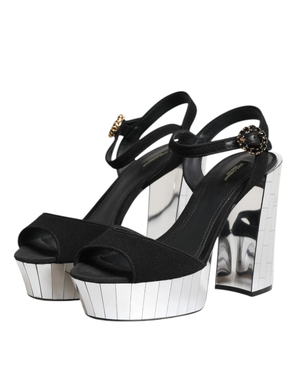 Sandales à plateforme noires dolce & gabbana avec talon miroir rayé et bride de cheville ornée d’une boucle dorée