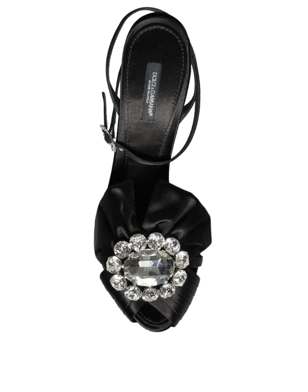 Sandales à talons noir satin dolce & gabbana avec bride à la cheville et cristal sur le devant
